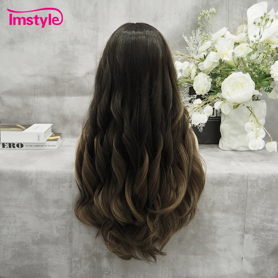 Imstyle Synthetic Lace Front Wig Brown Wig T Part Lace Highlight Blonde Wigs Natural Hairline High Temperature Fiber Daily Wig