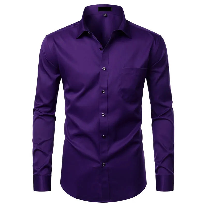 Black Bamboo Fiber Shirt Men Casual Slim Fit Mens Dress Shirts Solid Color Elastic Button Up Social Male Shirts with Pocket 4XL