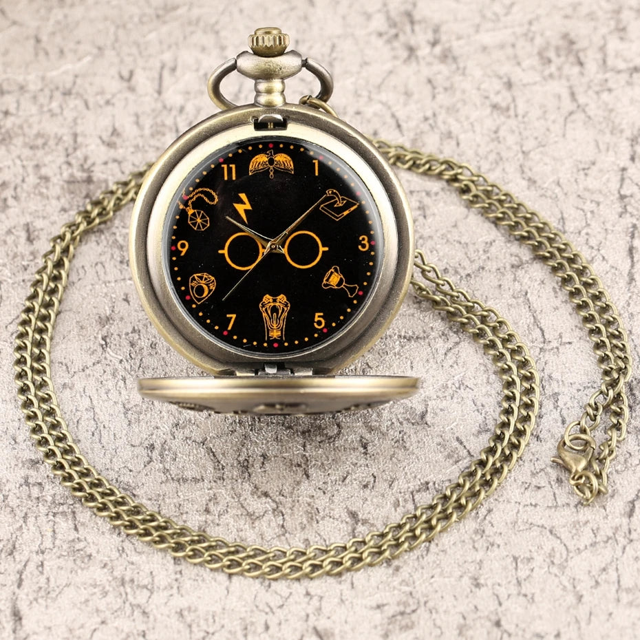 Retro Bronze Harajuku Clock Lightning Glasses Quartz Pocket Watch Necklace Flash Glasses Graphic Pendant Chain Art Antique Gifts
