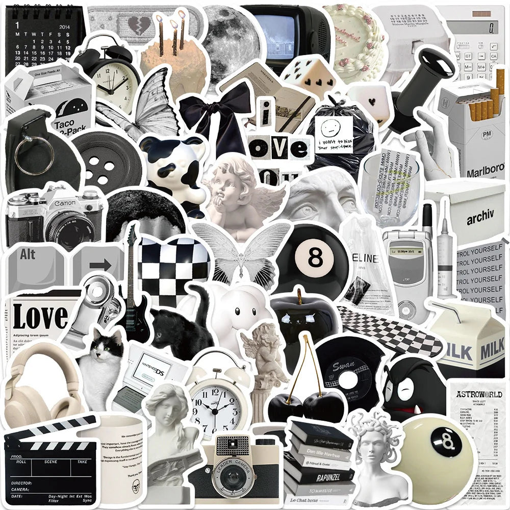 10/30/50PCS Black And White Simple Style Cartoon Graffiti Waterproof Sticker Personality Decoration Creative Water Cup Wholesale