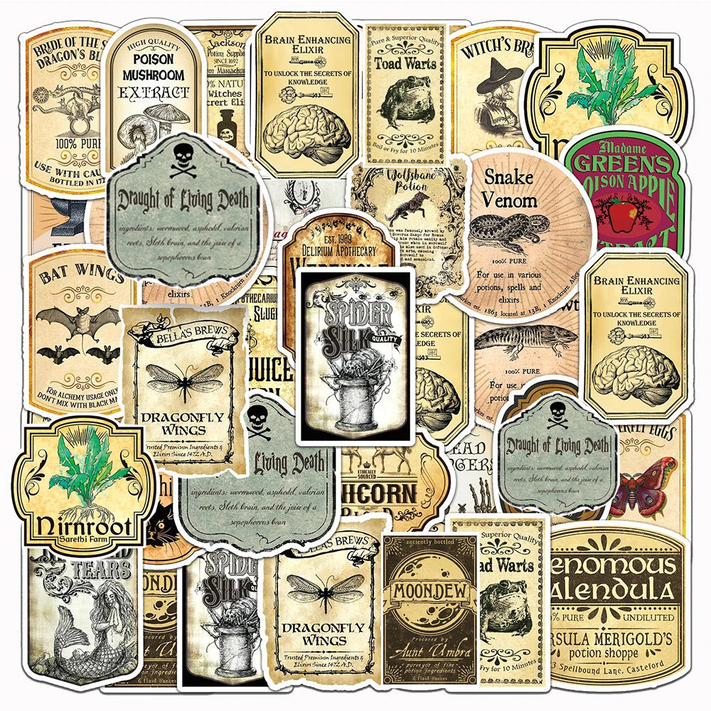 10/30/50pcs Vintage Magic Potion Label Stickers Horror Halloween Sticker Decorative Bottle Window Notebook Luggage Decals Toys
