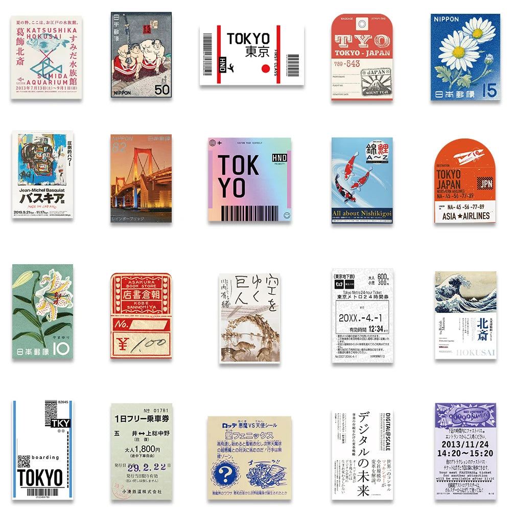 60PCS Japanese Postcard Ticket INS Style Stamp Sticker Stationery Travel Diary Luggage Waterproof Helmet Wholesale Stickers