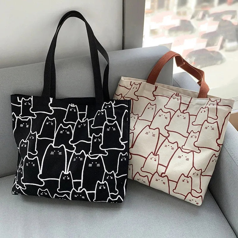 Canvas Bags Handbag for Women Shopper Cute Cat Tote Bag with Zipper Designer Bag Japanese Style Cartoon Small Shoulder