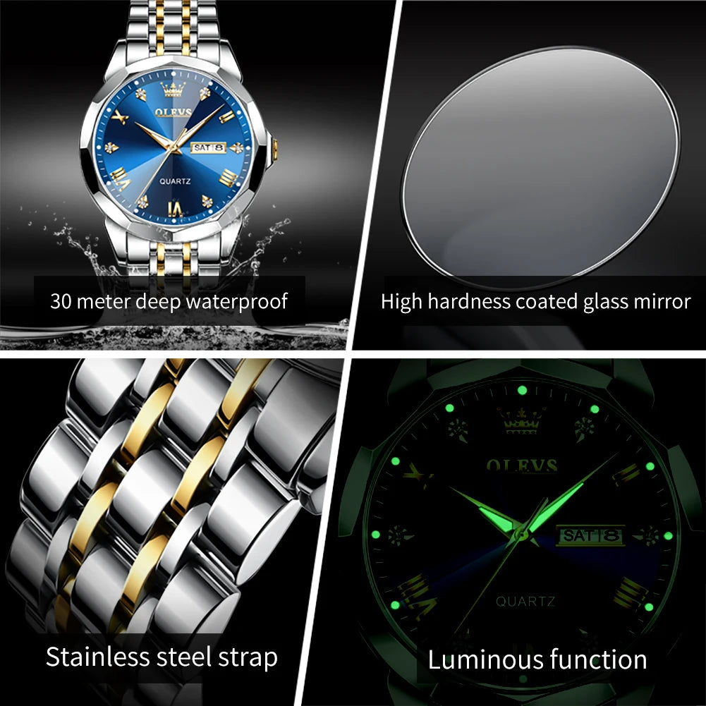 OLEVS 2023 New Business Quartz Watch for Men Week Calendar Luxury Waterproof Stainless Steel Strap Luminous Blue Men Wristwatch