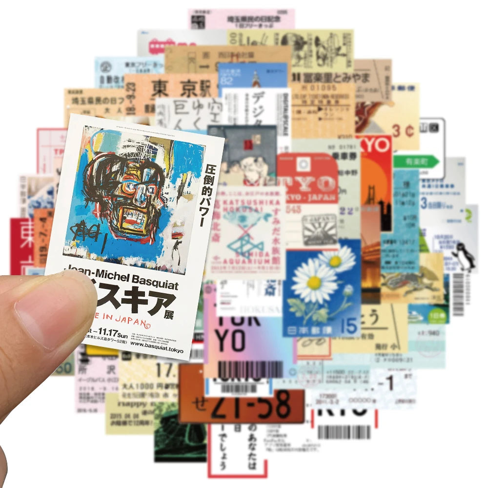 60PCS Japanese Postcard Ticket INS Style Stamp Sticker Stationery Travel Diary Luggage Waterproof Helmet Wholesale Stickers